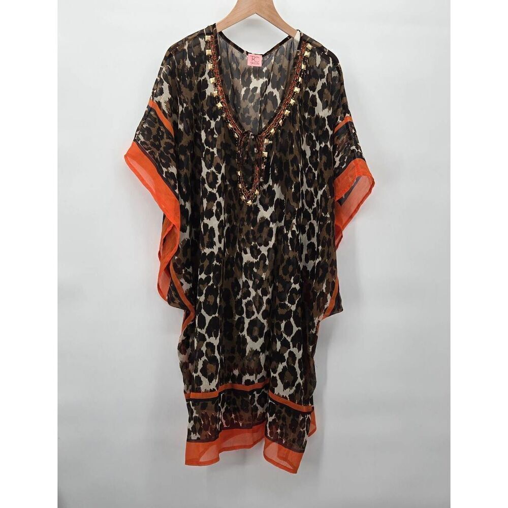 Theodora & Callum Beaded Boho Caftan Tunic Top One Size Swim Cover Animal Print